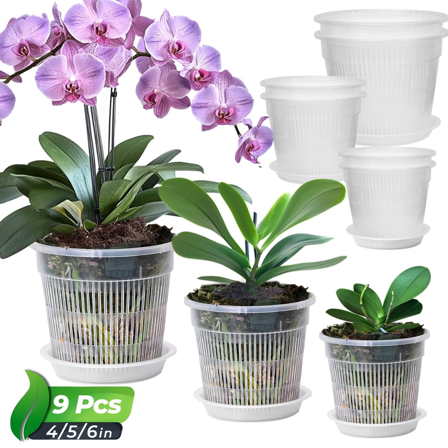 T4U 11/14/16cm Clear Orchid Pots with Drainage Holes for Repotting, 9 Pack | Pla