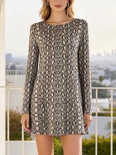 Women's Crew Neck Long Sleeve Snake Print A-Line Dress, Casual Trendy Everyday Spring Mini Swing Dress