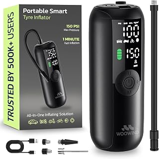 Woowind Bike Pump, Electric Pump for Bikes, Cars, Motorcycles, 10.3 BAR | Tyre Inflator Air Compressor, 1 Minute Inflation, Auto Stop, Air Pump For Bikes, Digital Pressure Gauge, LED Light