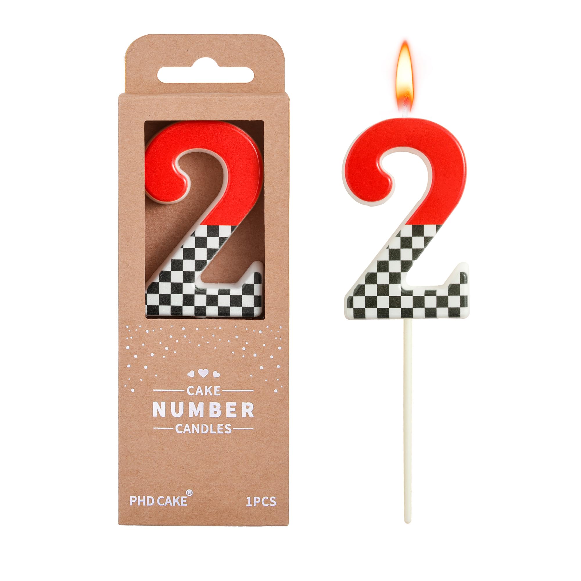 PHD CAKE 2.76 Inch Number 2 Racing Modern Birthday Candles, Red, Black and White