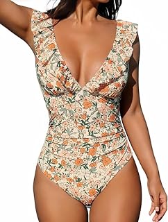 Women's V Neck Ruffle One Piece Swimsuit - Floral Print Tummy Control Bathing Suit, Retro Vintage Swimwear for Beach Vacation