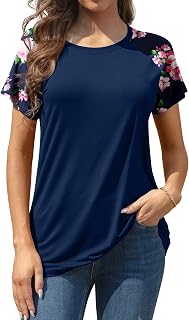Women Summer Short Sleeve T Shirt Floral Print Casual Tunic Tops Round Neck Tops