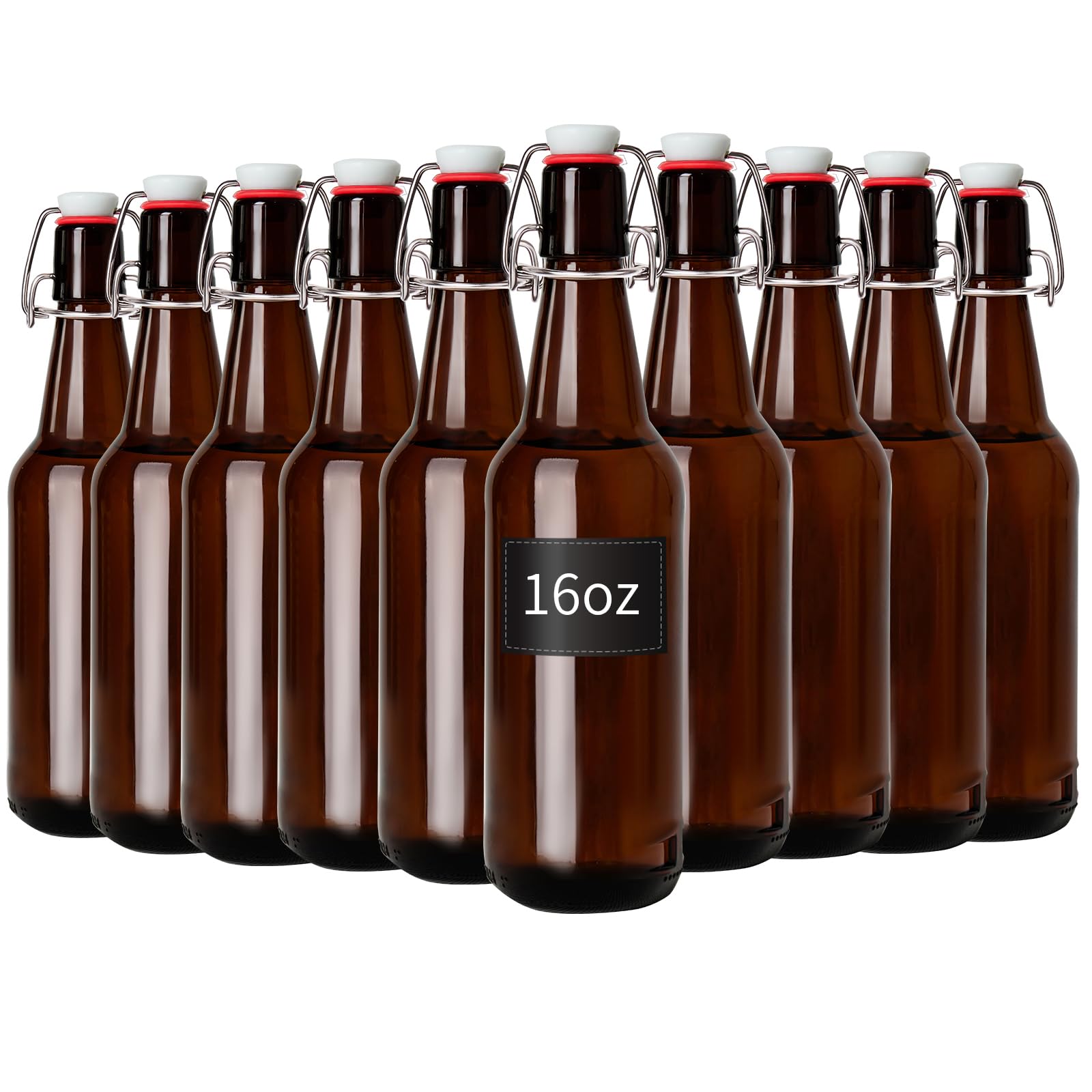 Zelomithe 16oz Amber Glass Bottles with Airtight Rubber Seal Flip Caps (10 Pack)