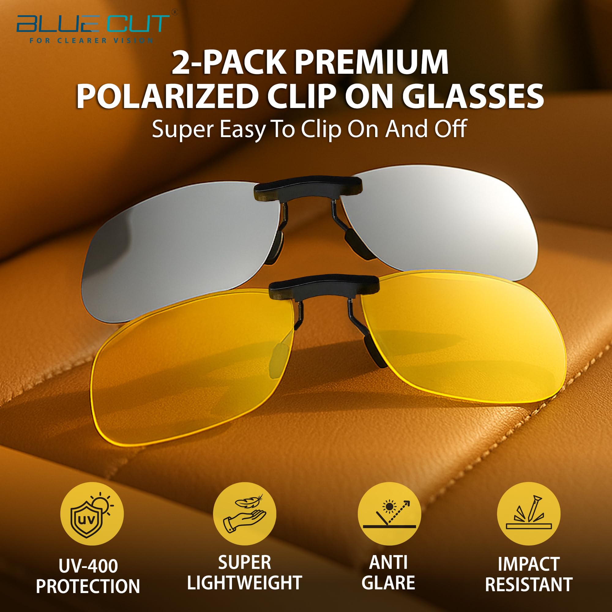 BLUE CUT Clip on Polarized Night Vision, Driving Sunglasses UV 400 Blocker To We