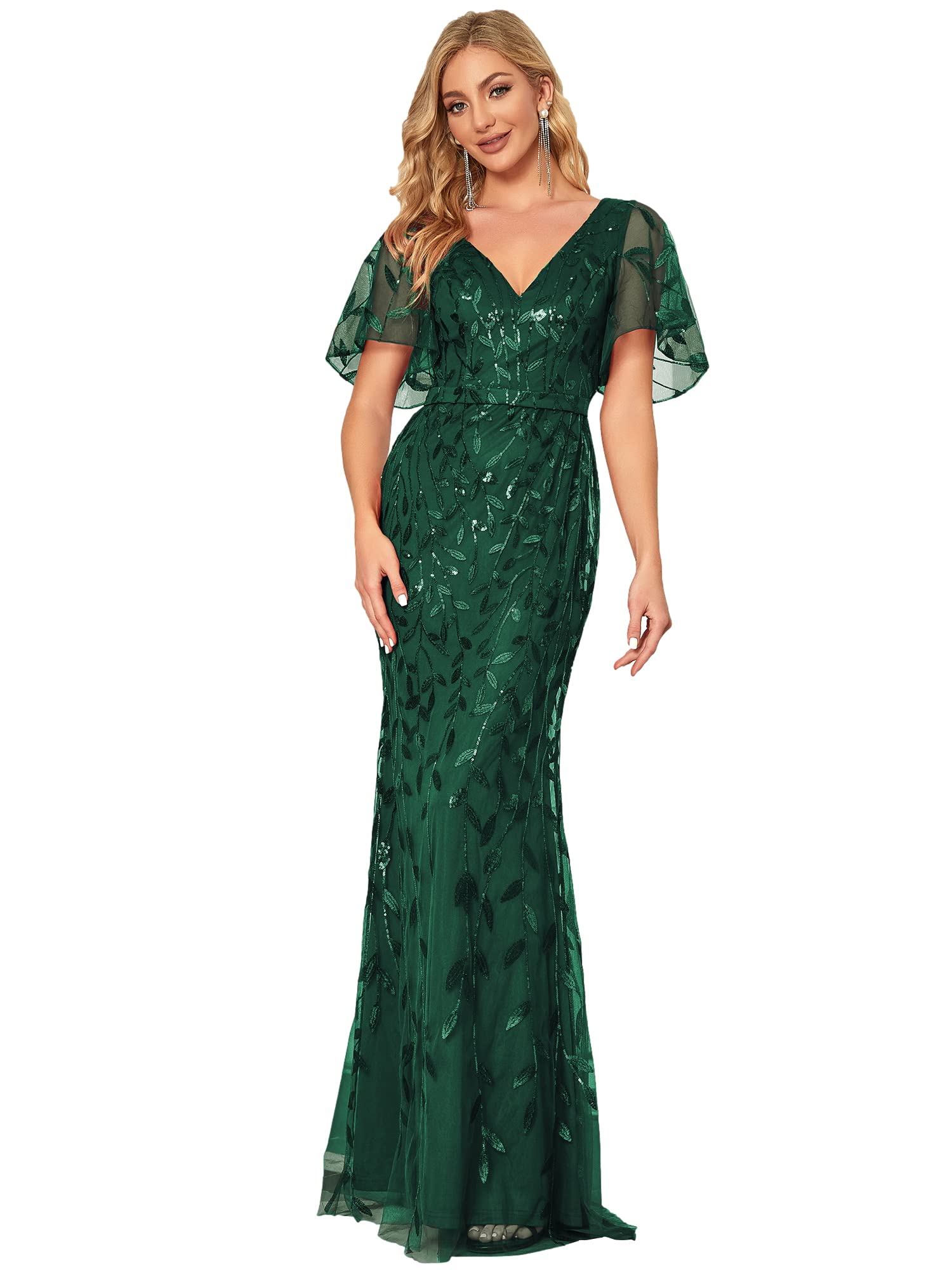 Ever-Pretty 00692 Women's V-Neck Ruffle Short Sleeves Sequins Maxi Mermaid Eveni