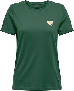 ONLY Women Plain Brand Heart T-Shirt | Basic Shortsleeve Round Neck Top | Unicolored Shirt ONLKITA