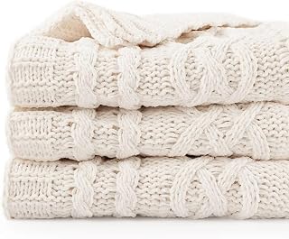 BATTILO Home Cream White Throw Blanket for Couch, Decorative Ivory Throw Blankets for Bed Sofa, Soft Warm Cozy White Knit Blanket for Outdoor Picnic Travel, 51"x67"