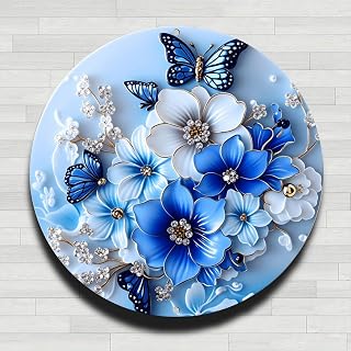 Vintage Rustic Aluminum Metal Round Wall Sign Flower Butterfly Blue White Jewels 8 Inch Gifts Indoor Outdoor Home Office Decor