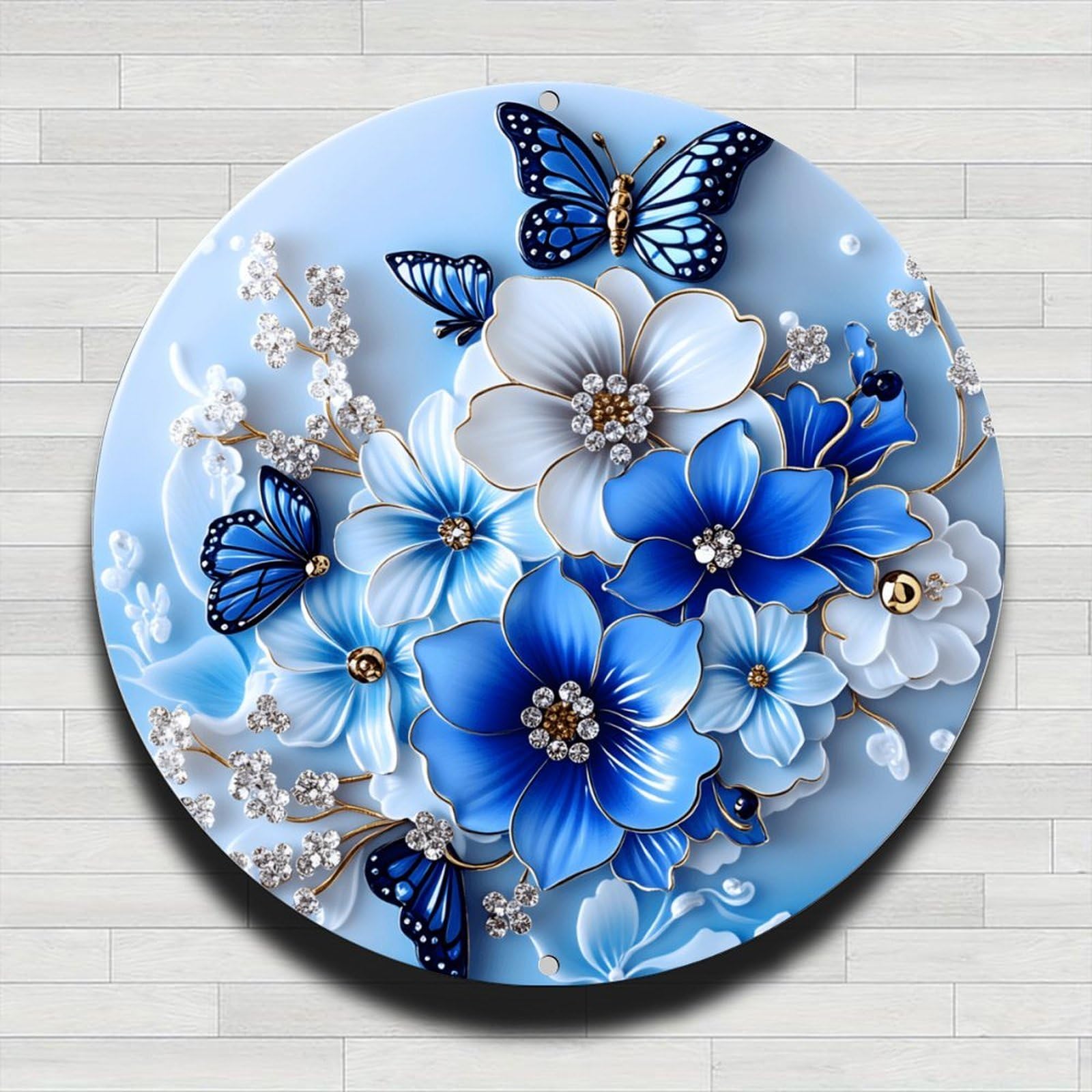 Vintage Rustic Aluminum Metal Round Wall Sign Flower Butterfly Blue White Jewels