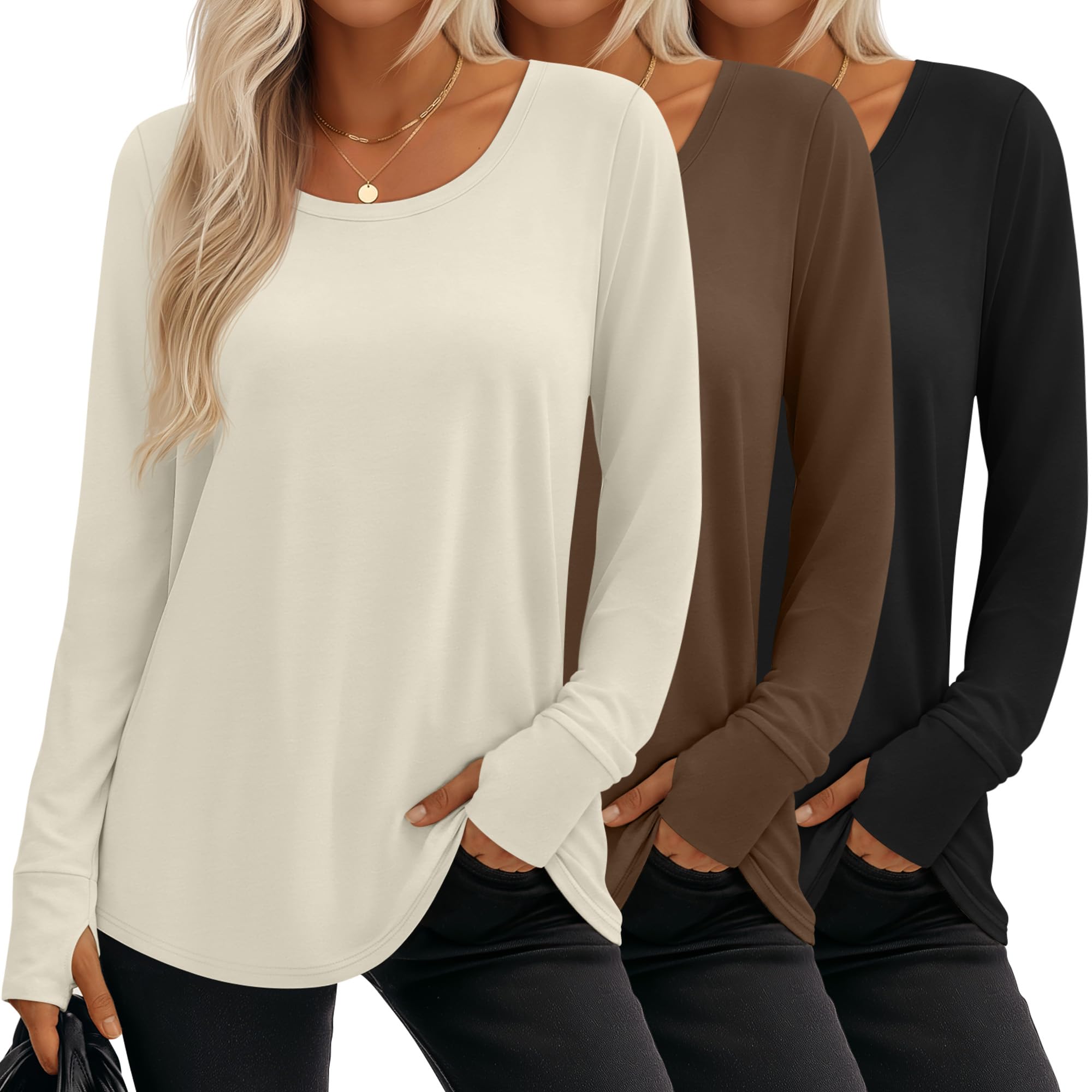 3 Pack Women's Long Sleeve Shirts Cotton Tunic Tops