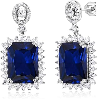 Gem Stone King 10-20 Cttw Gemstone Birthstone Halo Dangle Earrings For Women | 925 Sterling Silver | Emerald Cut 14X10MM | Fine Jewelry Gift for Her Mom Women Wife