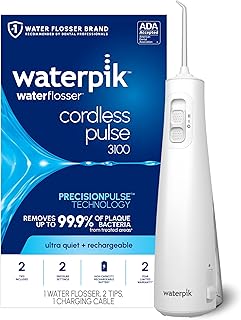 Waterpik Cordless Pulse 3100 Portable Water Flosser, Rechargeable, White | 2 Settings, 1 Precision Tip & 1 Tongue Cleaner Tip for Fresh Breath, Travel, Shower Use, ADA Accepted, WF-20 Amazon Exclusive