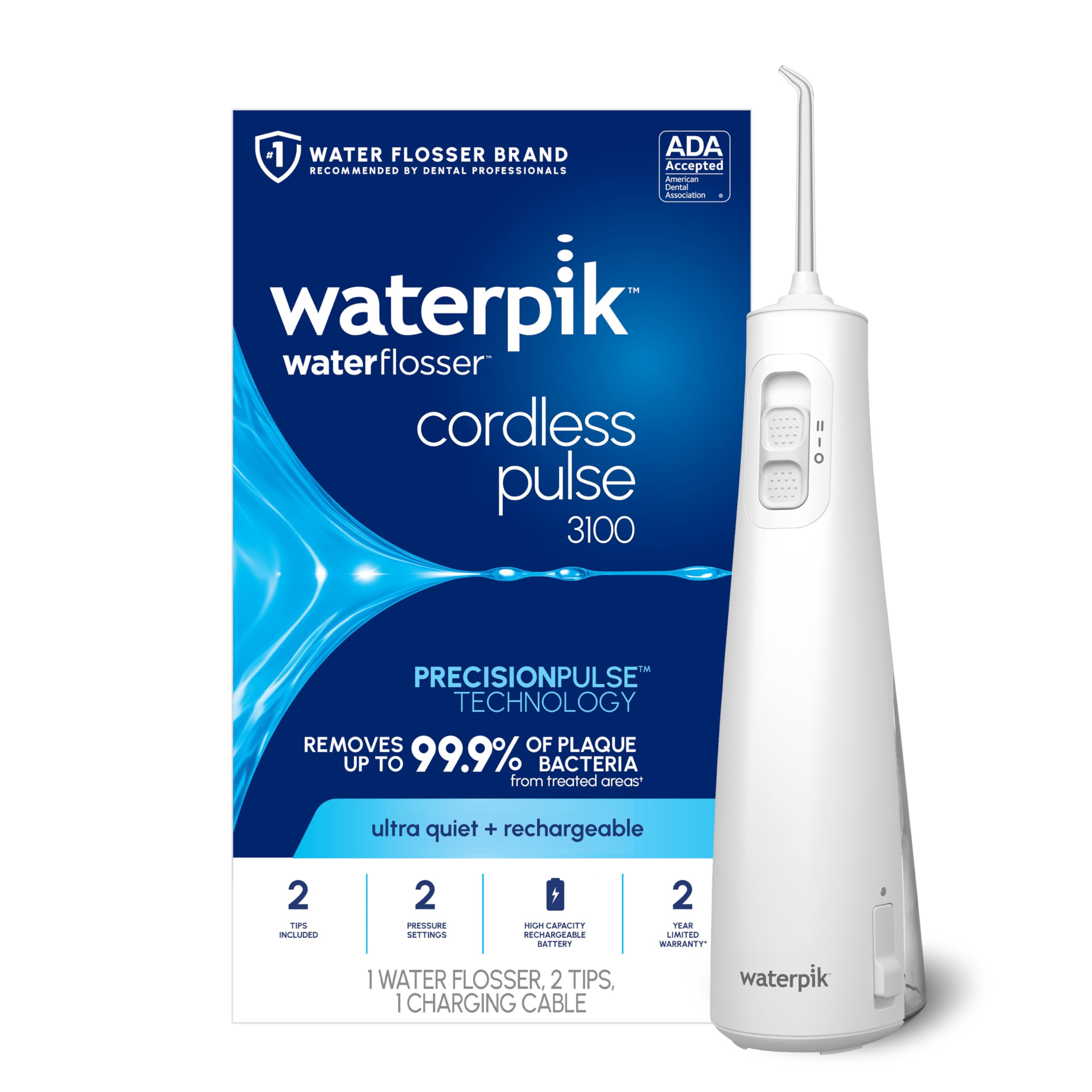 Waterpik Cordless Pulse 3100 Portable Water Flosser, Rechargeable, White | 2 Set