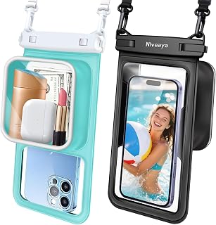Niveaya Large Waterproof Phone Pouch, Up to 8.5" , 2 Pack-Black & Green | IPX8 Floating CellPhone Pouch, WaterProof Phone Case with Lanyard, Dry Bags for Beach Cruise Ship Essentials