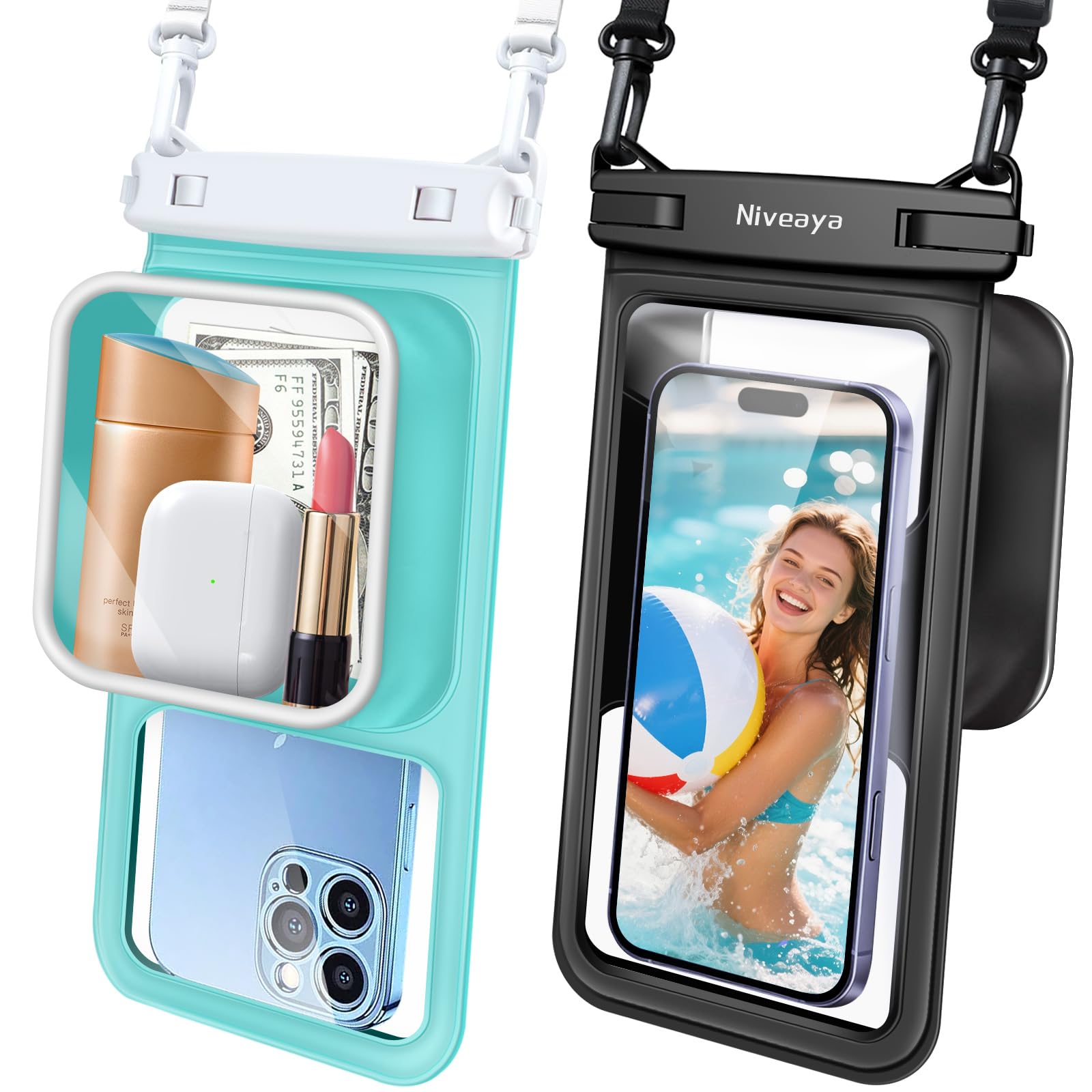 Niveaya Large Waterproof Phone Pouch, Up to 8.5" , 2 Pack-Black & Green | IPX8 F