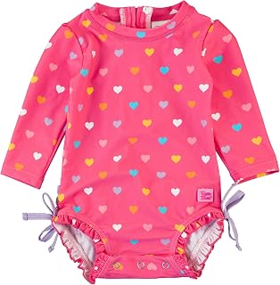 RuffleButts Baby Girls UPF 50 Sun Protection Polka Dot Long Sleeve One Piece Rash Guard Swimsuit with Zipper - Bright Aqua Heart Polka, 3-6m