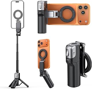 AMAZEAR Phone Camera Grip with Selfie Stick Tripod, Cellphone Accessories for iPhone 16 17 18 Pro Max with Multi-Functional Bluetooth Controller, Comfort Ergonomic Handle Holder, Black