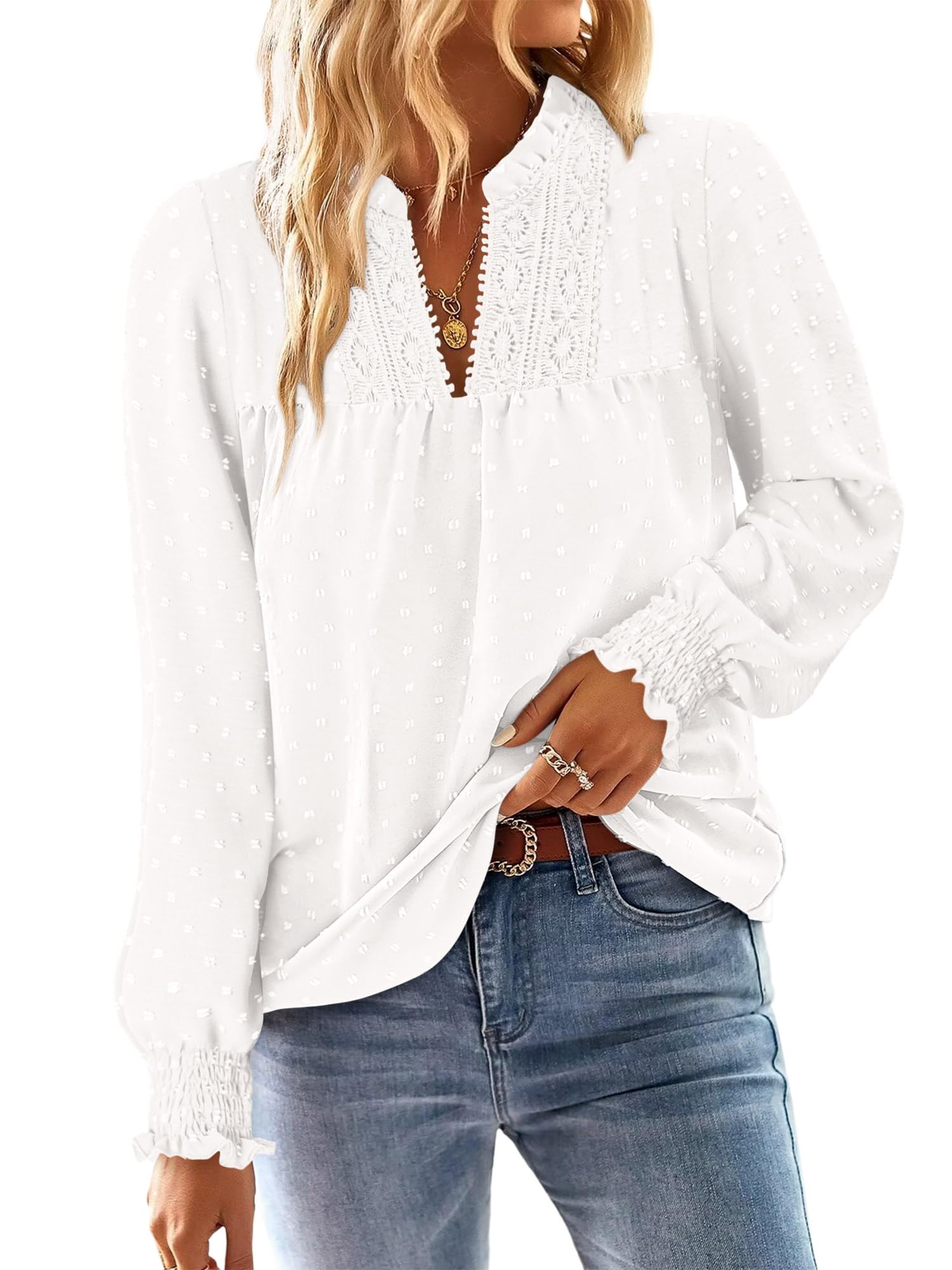 BETTE BOUTIK Women Boho Long Sleeve Shirts Dressy Casual V Neck Fall Fashion Top