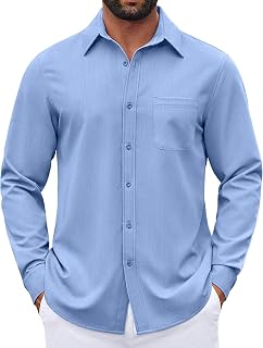 COOFANDY Camisas de vestir para hombre, de manga larga, con botones, de mezclilla, elásticas, informales, de negocios