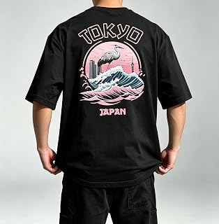 Mens Black Crane Cloud Print T Shirt Simple Design Short Sleeve Oversized Back Print Round Neck Leisure (L)