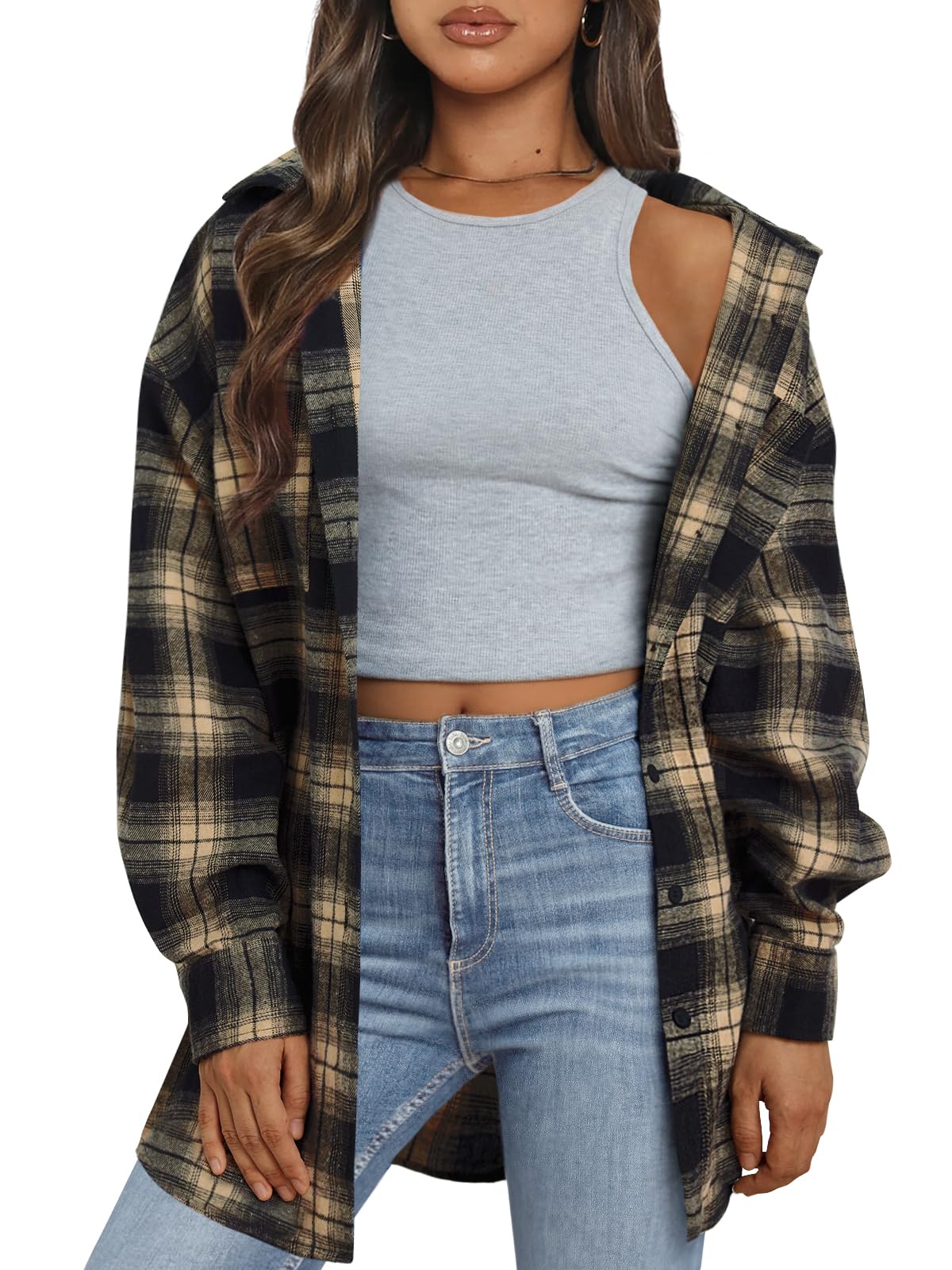 Trendy Queen Women Shirts Long Sleeve Flannel Button Plaid Blouse Autumn Tops Fa