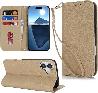 【Hamany】 Folio Case for iPhone 16 Plus, Strap, Card Holder, Stand Function, Magnetic, Leather, iPhone 16 Plus Case, Shockproof, Durable, Anti-Scratch, Cellular Phone Case - Sand