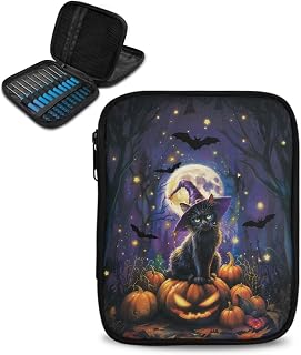 Kathyboom Halloween Empty Crochet Hook Case Crochet Hook Organizer Case Black Cat Pumpkins Bats Crochet Hook Holder for Crochet Needles, Crochet Accessories