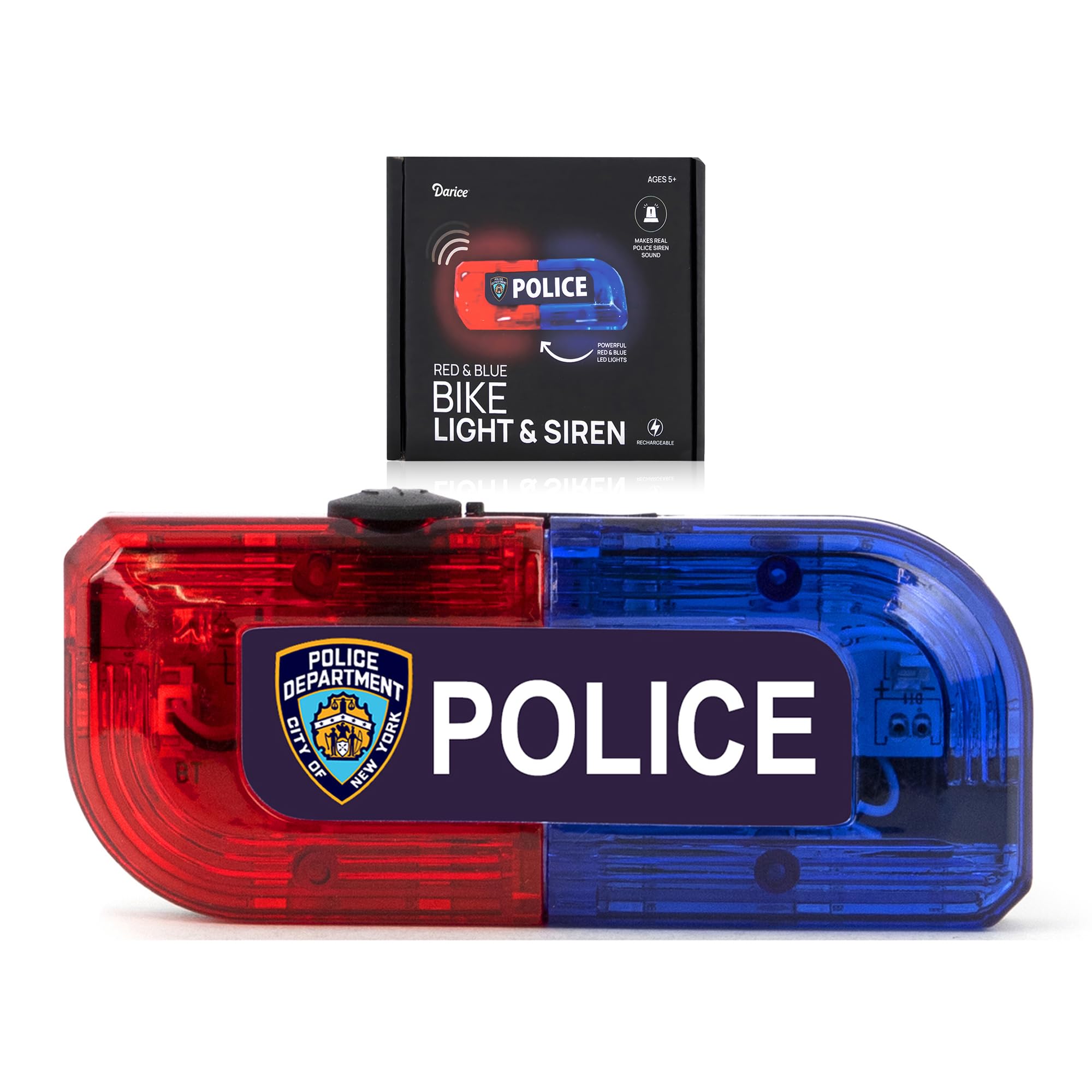 Darice Pretend Police Bike Light with Siren - Red and Blue Flashing Lights, Rech