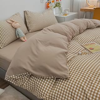 §zz.luxi Duvet Cover Set, Single, 3-Piece Set, Striped, Solid, Contrast Color, Simple, Bedding Cover, Western and Japanese Style, Bedspread, Duvet Cover, Fitted Sheet, Pillowcase, Sheet Cover, Skin Friendly, Peach Skin Treatment, Nordic Style, All Seasons (Beige Checker, S Single (3 Piece Set))