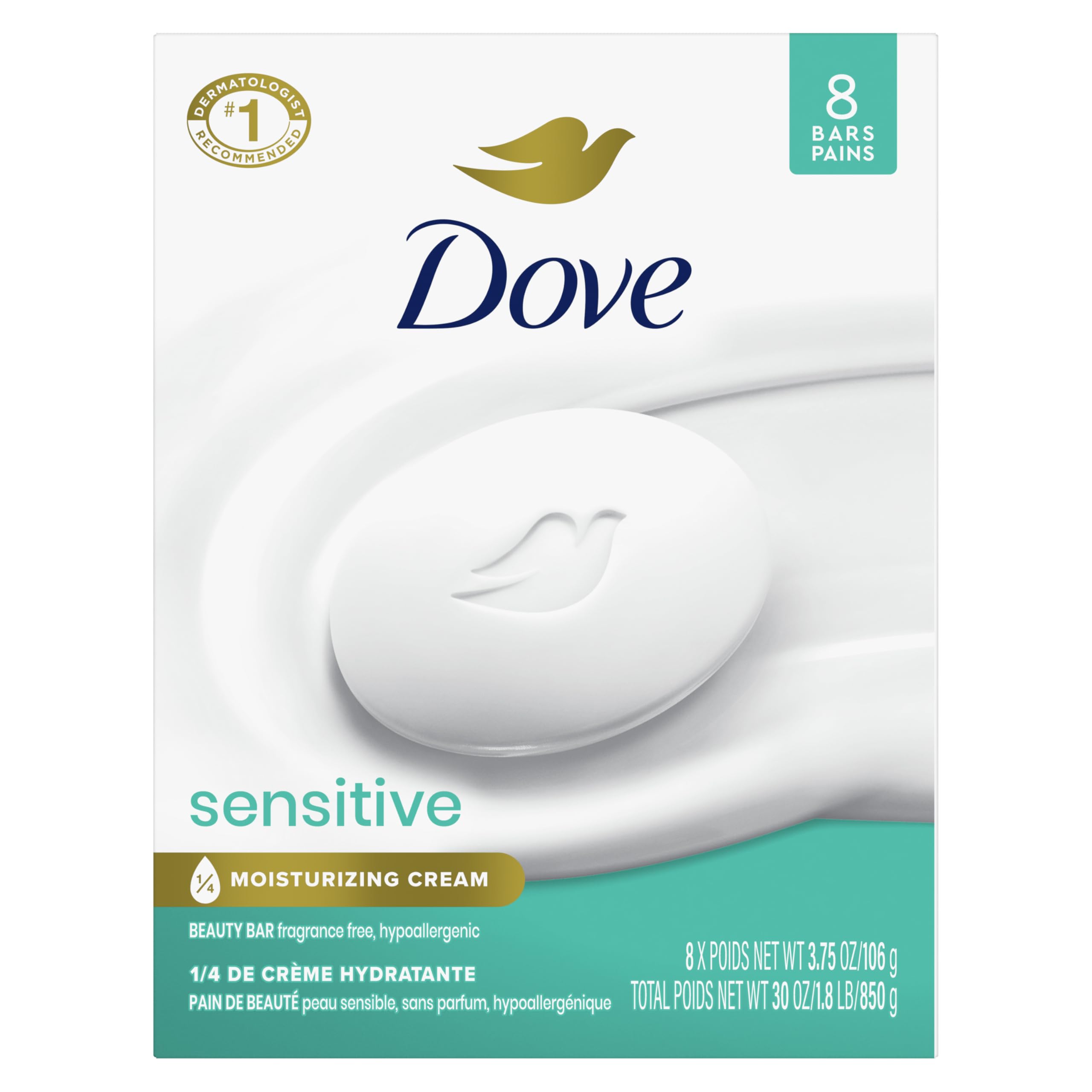 Dove Beauty Bar Soap Sensitive, 8 Bars for Sensitive Skin, Fragrance Free and Hy