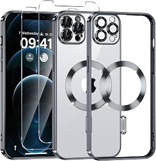 Phoona Clear Magnetic Case for iPhone 12 Pro Max 6.7 Inch, with 2 Tempered Glass Screen Protectors, Anti-Yellow, Shockproof, Wireless Charging, Anti Scratch, Black
