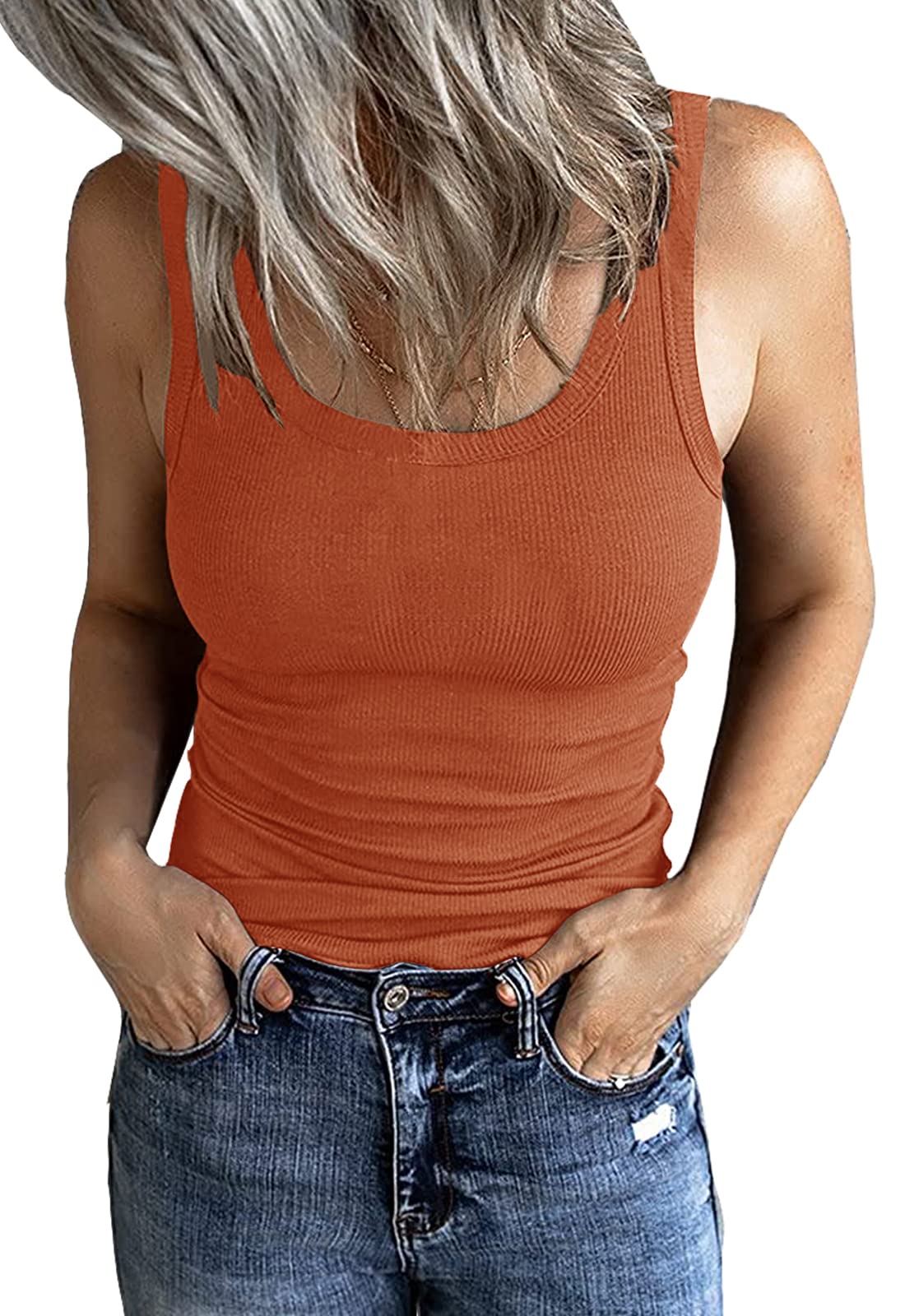 GEMBERA Women's Scoop Neck Sleeveless Ribbed Tank Tops