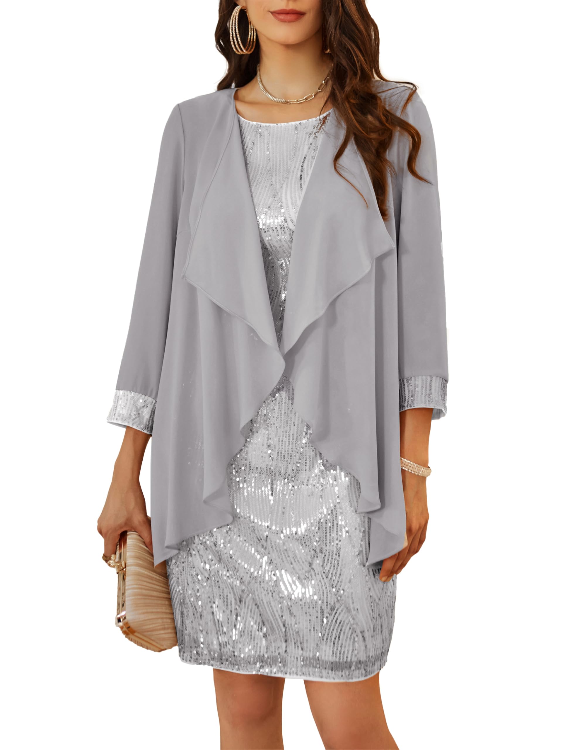 GRACE KARIN - Women's Elegant Sleeveless Round Neck Sequins Two Piece Suit Cardi
