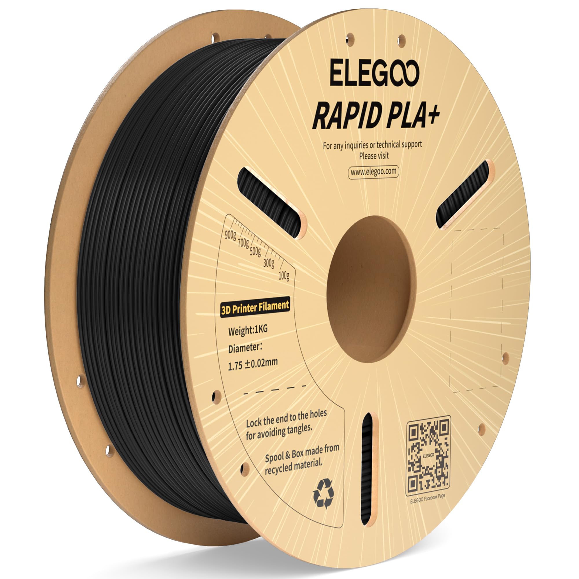 ELEGOO Rapid PLA Plus 3D Printer Filament 1.75mm Black 1KG, Up to 600mm/s | PLA+