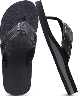 KuaiLu Men's Summer Flip Flops Arch Support Leather Beach Non-Slip