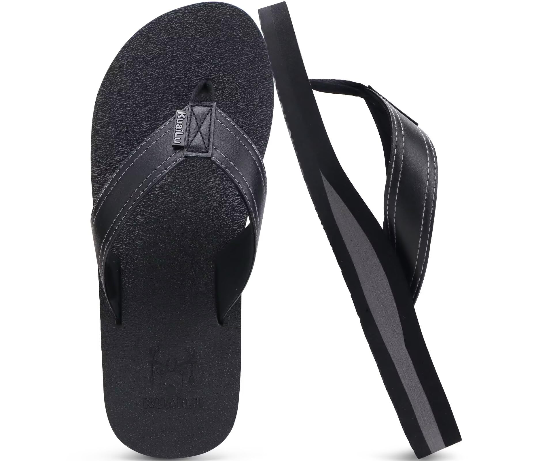 KuaiLu Men's Summer Flip Flops Arch Support Leather Beach Non-Slip
