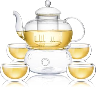 CnGlass 1000ml/33.8oz Glass Teapot with Removable Infuser,Stovetop Safe Tea Kettle with 4-Pack 100ml Teacups and Glass Tea Warmer 5.3in/13.5cm Diameter