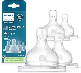 Philips Avent Anti-colic Baby Bottle Flow 4 Nipple, 4pk, SCY764/44 | For Ages 6 Month+, Reduces Colic and Gas with Anti-Colic Valve, Secure Latch, Ribbed Collapse-Free Design, SCY764/44