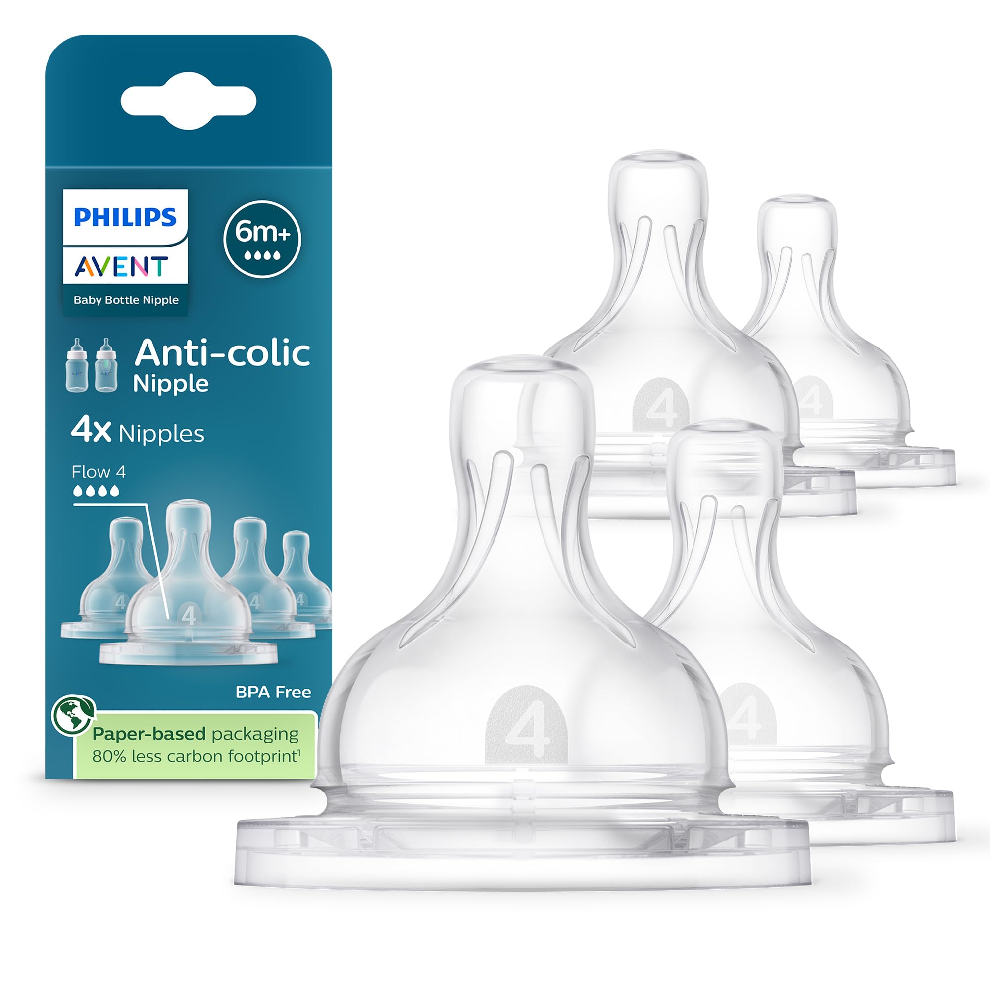 Philips Avent Anti-colic Baby Bottle Flow 4 Nipple, 4pk, SCY764/44 | For Ages 6 