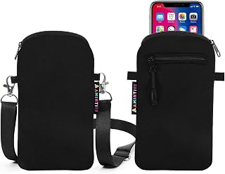 Zipper Closure Secure Cell Phone Bag with Card Pocket for iPhone & Samsung | Neoprene Cell Phone Sleeve Pouch Case Bag with Crossbody Strap Lanyard for iPhone 17/16/15/14 Pro Max, Samsung S25, Pixel 10