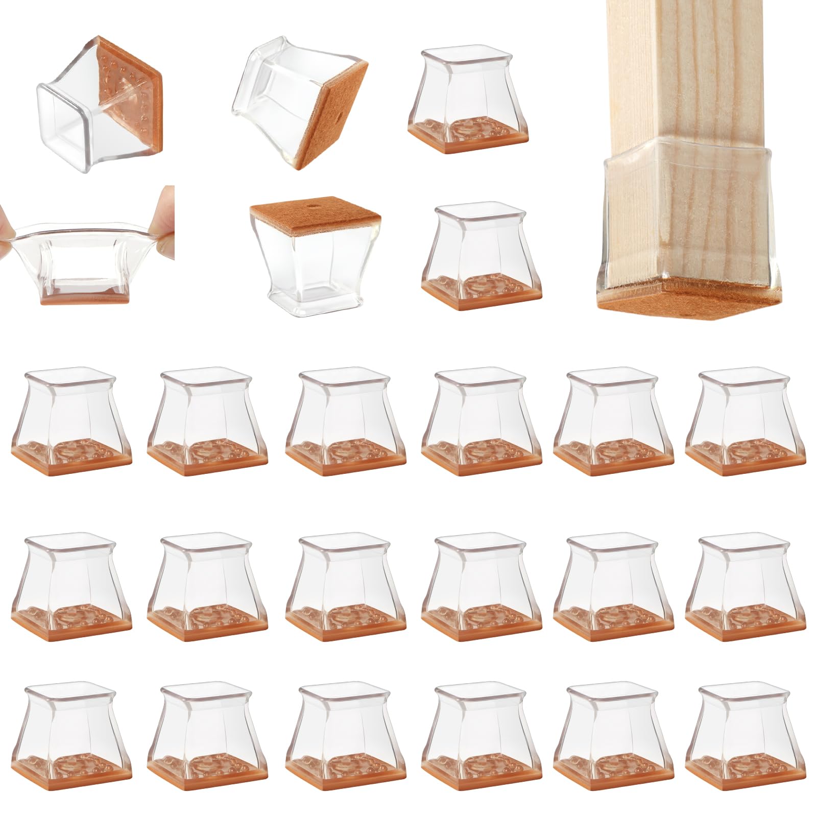 CHUNZEXI 24 Pack Chair Leg Floor Protectors, Square S Clear, Silicone Felt