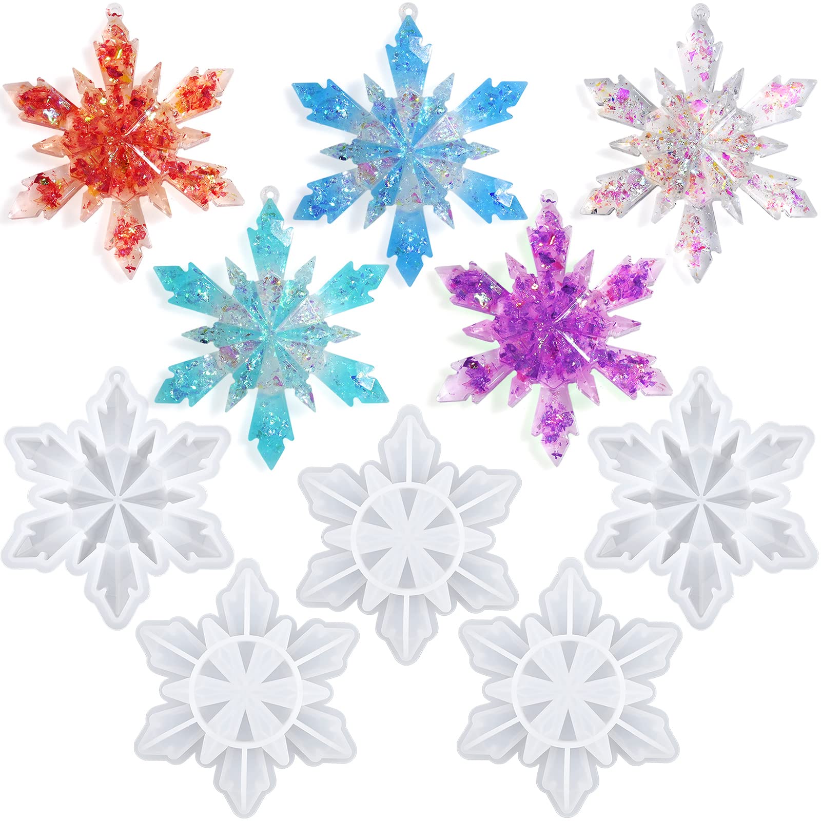 Sakolla 5 Pieces Christmas Silicone Resin Molds 3D Snowflake Molds Silicone Epox