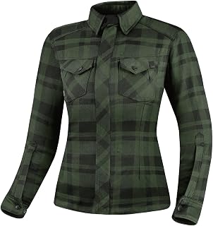 SHIMA RENEGADE LADY 2 Motorcycle Shirt for Women Armored Plaid Biker Flannel Jacket with Kevlar by DuPont layer, CE Back, Shoulder, Elbow Protectors, Zipper Closure (Green, XL)