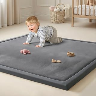 Goyuu Soft Baby Play Mat for Floor, 50x50 Playpen Mat Elasti-Foam Padded 1.3" Thick Crawling Nursery Mat, Non-Slip Backing for Toddlers Infant, Water-Repellent Coral Velvet Tummy Time Mat
