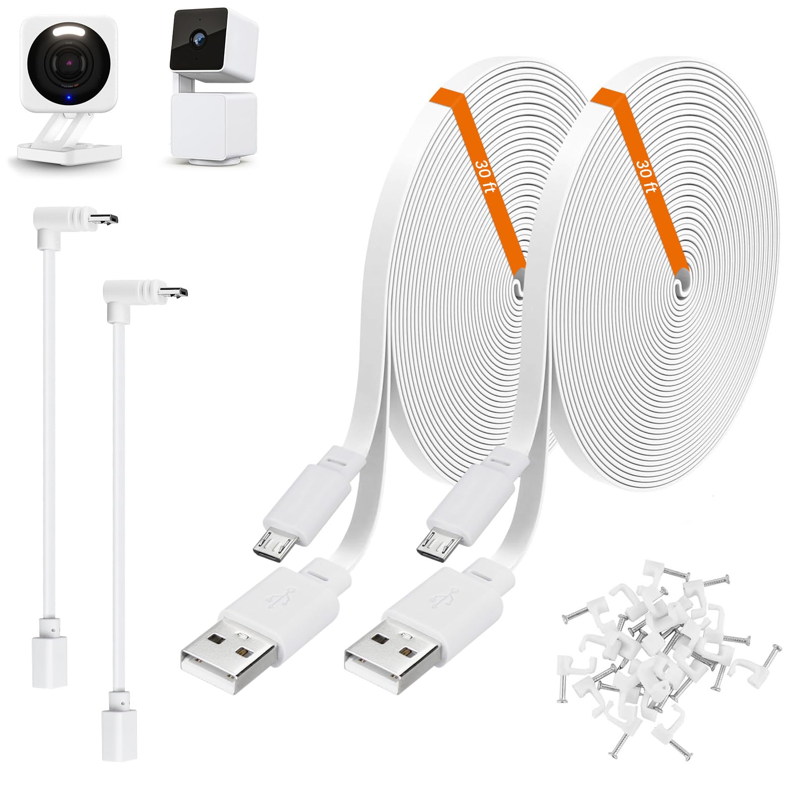 2-Pack 30ft Power Extension Cable for Wyze Cam v4, Pan v3, v3 Pro, White | 9m Lo