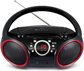 SINGING WOOD SBX030C Portable CD Player Boombox, Black with Red Rims | AM/FM Stereo Radio, Aux Line-in, Headphone Jack, Top-Loading Disc Player, AC or Battery Powered, Foldable Handle