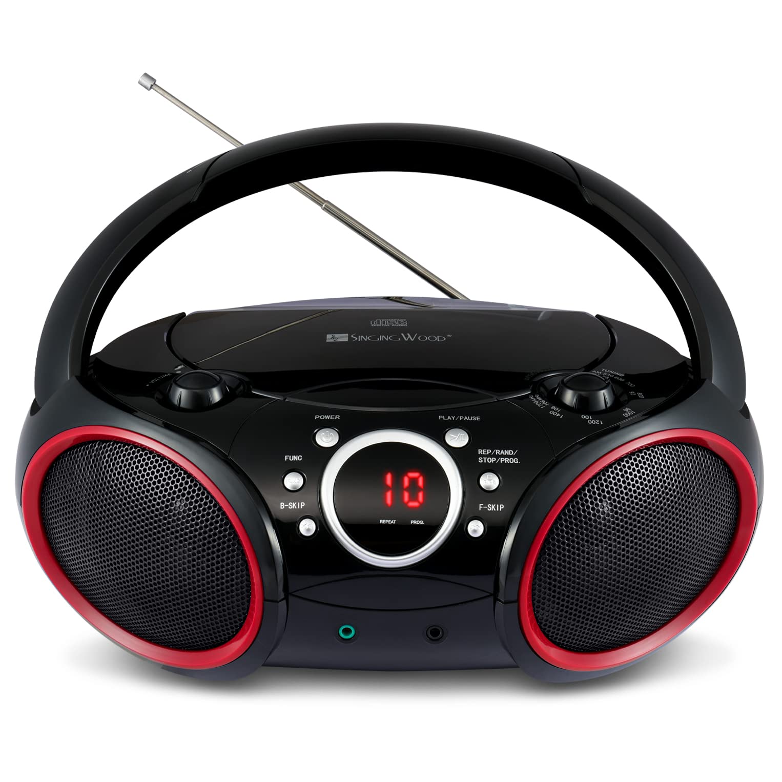 SINGING WOOD SBX030C Portable CD Player Boombox, Black with Red Rims | AM/FM Ste