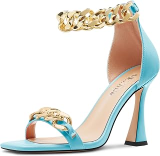 HEUIVZAR Women's High High Kitten Heel Square Toe Sandals Ankle Strap Zipper Metal Chain Wedding Dress 10 CM Heels
