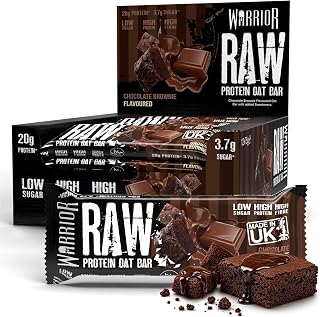 Warrior RAW Protein Bars 12 x 75g High Protein Oat Flapjack Snack | 20g Protein Per Bar, Low Sugar, High Fibre, Oat Flapjack, Protein Snacks, Meal Replacement Bars (Chocolate Brownie)