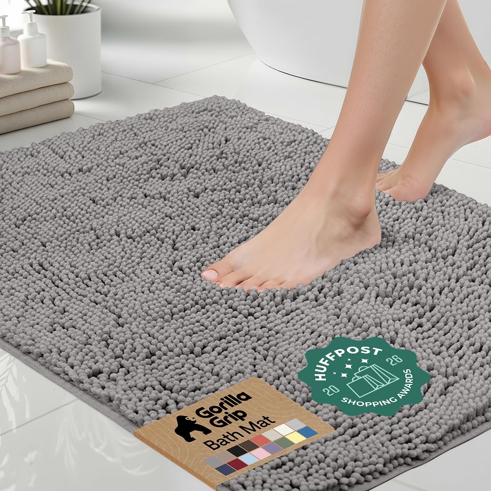 GORILLA GRIP Bath Rug Mat for Bathroom, Absorbent Chenille, 24x17 Gray | Soft Th
